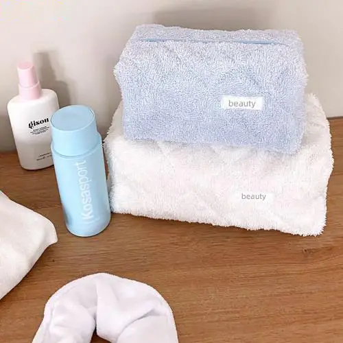 Wholesale Towel Fabric Cosmetic Bag | Soft Makeup Organizer in Light Blue for Beauty Brands & Retailers